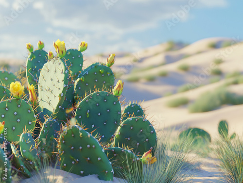 A close-up of a vibrant Prickly Pear Cactus, its thick green pads covered with sharp spines and dotted with yellow blooms. photo