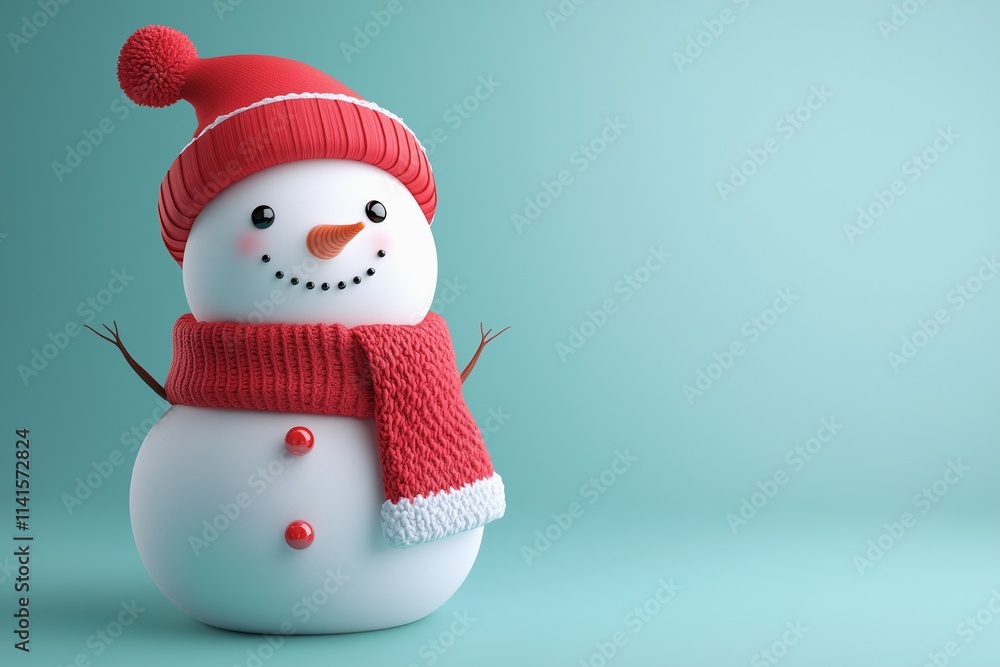Cute snowman with red hat and scarf isolated on light green background Cute snowman with red hat and scarf isolated on light green background