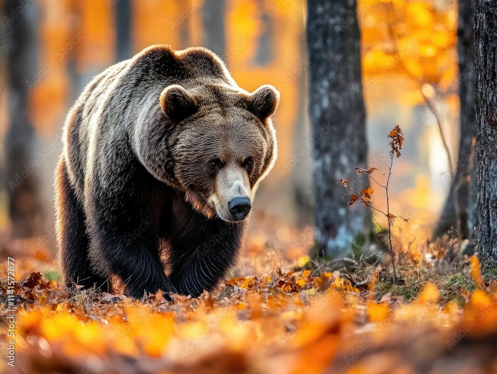 Fototapeta premium Bear in autumn fall forest with orange tree leaves.