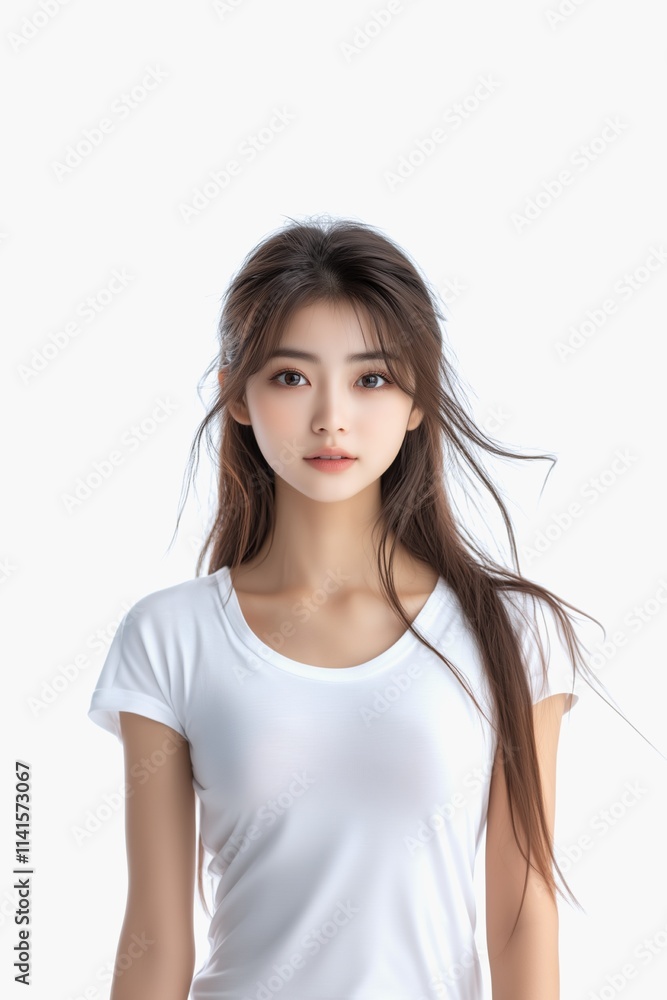 Beautiful Asian woman in white t-shirt isolated on white background Beautiful Asian woman in white t-shirt isolated on white background