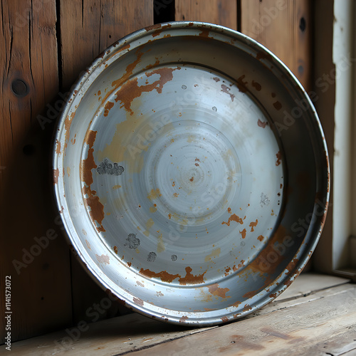 Wallpaper Mural Weathered Aluminum Serving Tray in Industrial Style with Rustic Patina Against Wood
 Torontodigital.ca