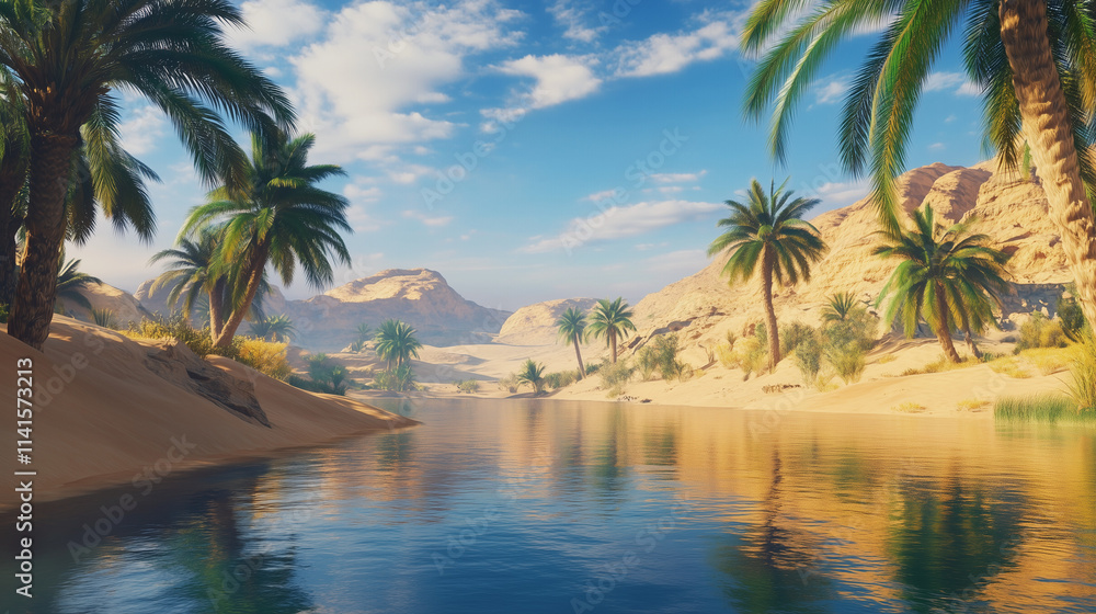 Fototapeta premium A breathtaking desert oasis surrounded by golden sand dunes, with crystal-clear water reflecting the vivid blue sky.