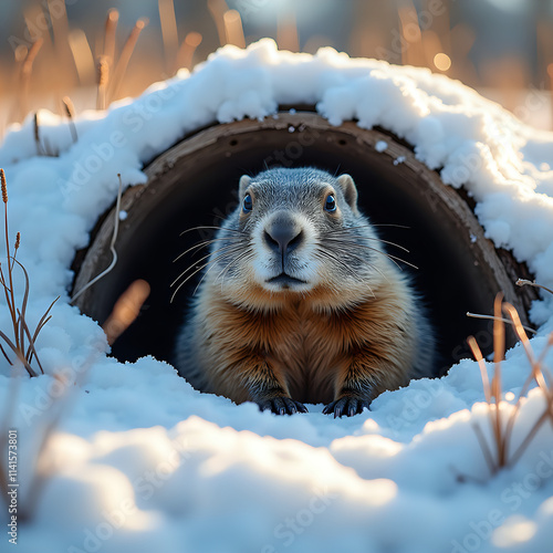 Wallpaper Mural Curious Marmot Emerging from Snow-Covered Burrow During Golden Hour
 Torontodigital.ca