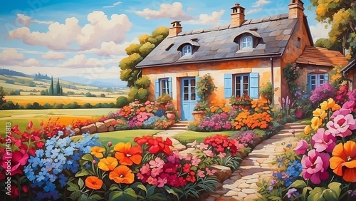 vibrant wall painting of a flower garden and cottage house in a rural area of Europe