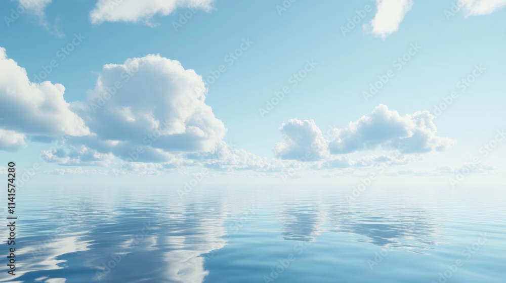 Serene ocean view with fluffy clouds reflecting on calm water under a clear blue sky. Serene ocean view with fluffy clouds reflecting on calm water under a clear blue sky.