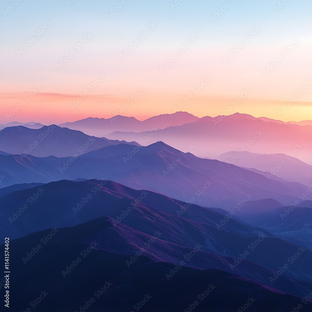 Fototapeta premium A soft-focus sunrise over a mountain range, with warm and cool tones blending seamlessly. 