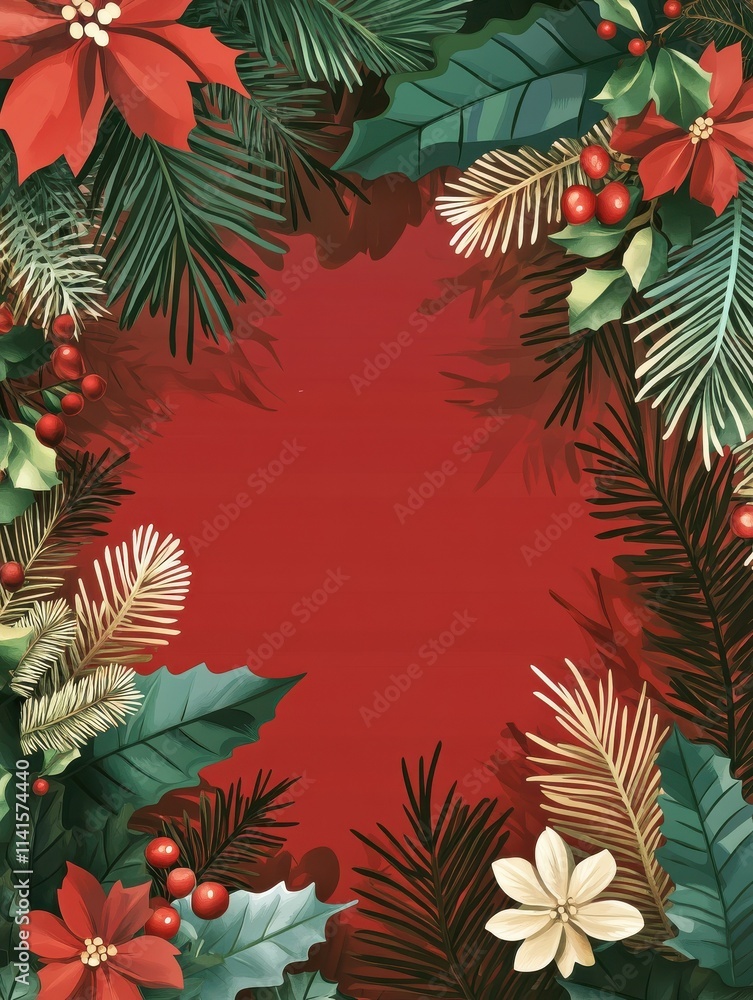 Green and. red Christmas invitation cards vector design template. Floral Christmas greeting card design with flower and winter leaves frame. Vector illustration. Green and. red Christmas invitation cards vector design template. Floral Christmas greeting card design with flower and winter leaves frame. Vector illustration.