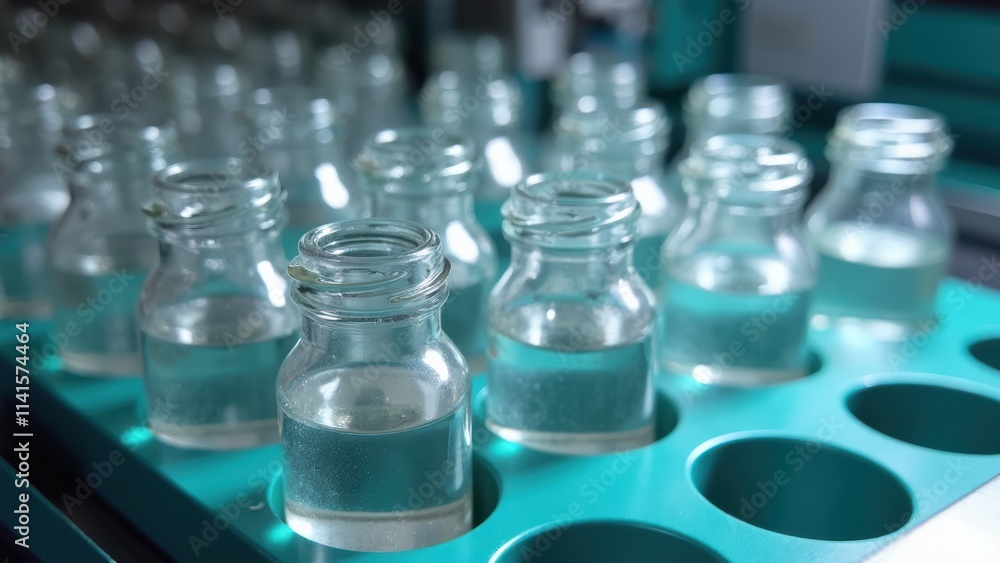 Bottles of Clear Liquid Arranged in a Laboratory Setting With Focus on Scientific Research