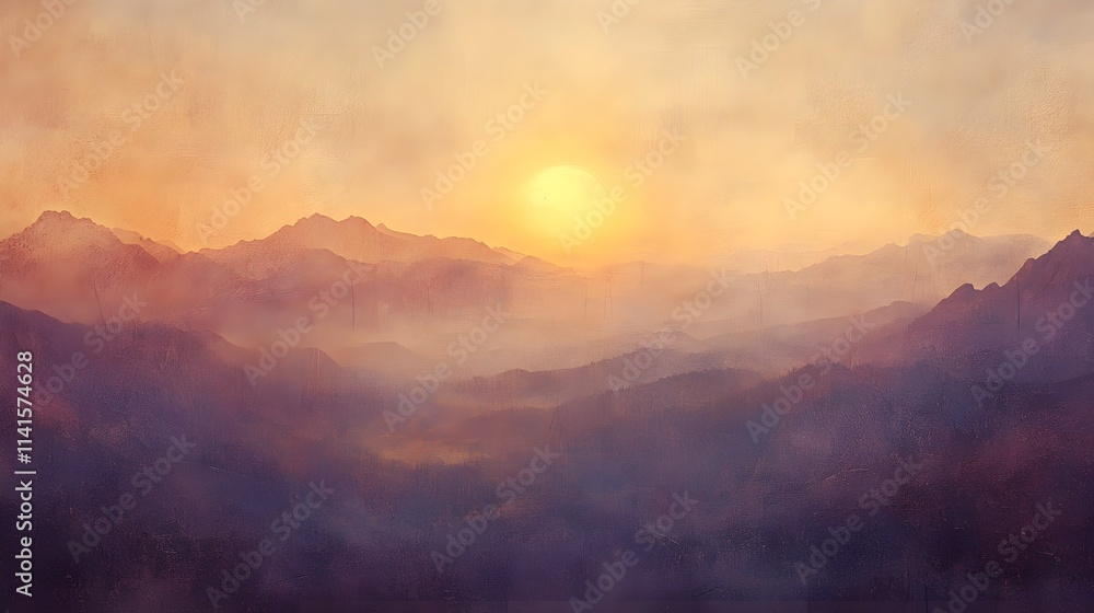 A soft-focus sunrise over a mountain range, with warm and cool tones blending seamlessly. 