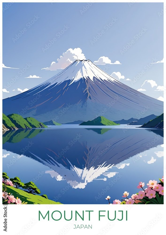 Fototapeta premium Mount Fuji Japan Eco Friendly Travel Poster Illustration Retro Wall Art Print Decor