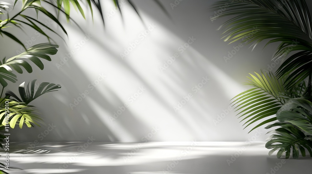 Elegant grey background with soft tropical shadows and ambient lights for modern product presentation Elegant grey background with soft tropical shadows and ambient lights for modern product presentation