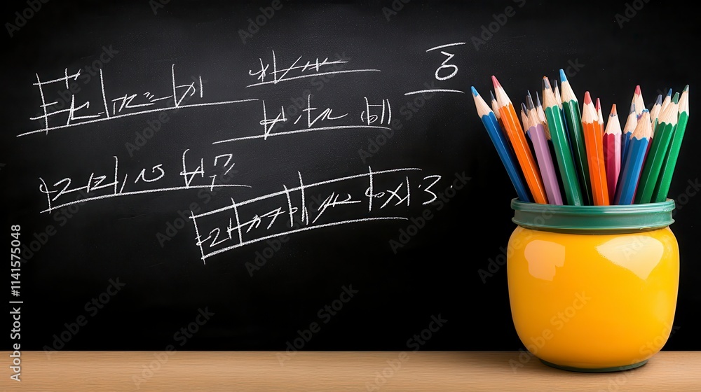 A colorful arrangement of pencils in a yellow jar next to a chalkboard with handwritten notes and equations. A colorful arrangement of pencils in a yellow jar next to a chalkboard with handwritten notes and equations.