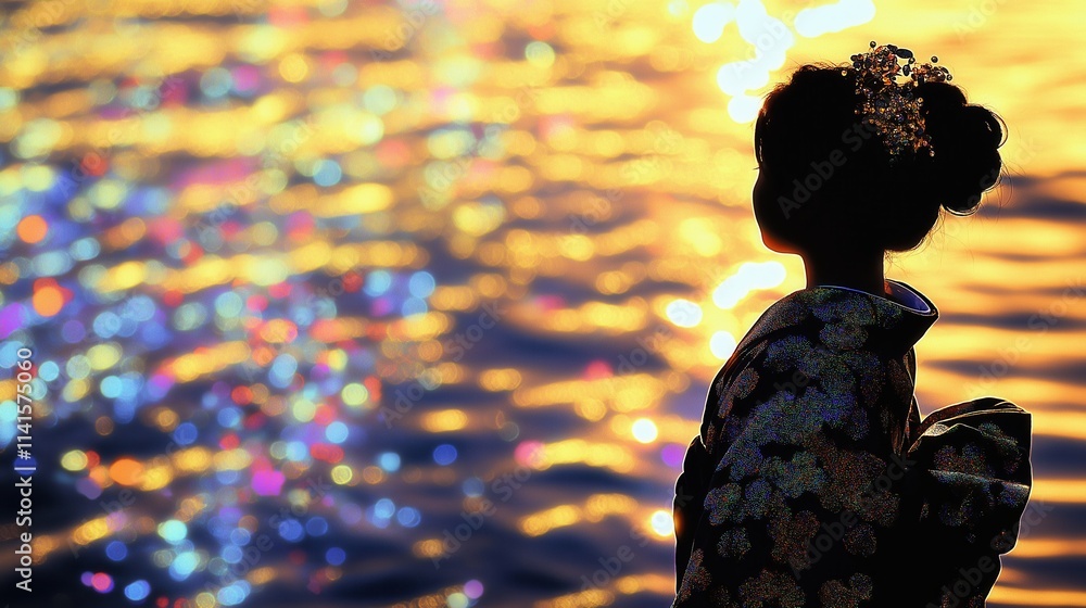 Serene sunset silhouette of a painted woman in traditional japanese attire Serene sunset silhouette of a painted woman in traditional japanese attire