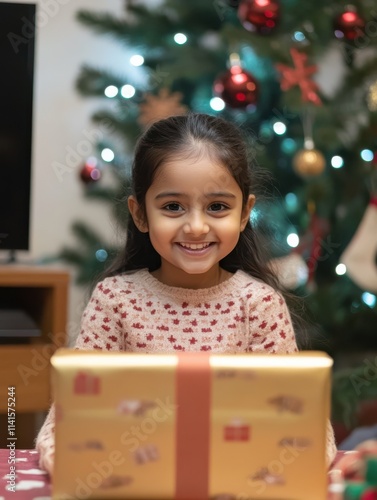 Happy indian kid girl opening gift video conference calling family, webcam chat view. Smiling latin child talking to camera virtual meeting social distance online friend celebrating Christmas at home photo