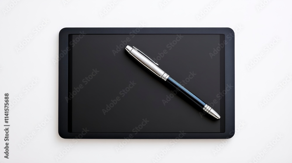 A sleek black writing tablet paired with a silver pen, perfect for digital note-taking and creative designs. A sleek black writing tablet paired with a silver pen, perfect for digital note-taking and creative designs.