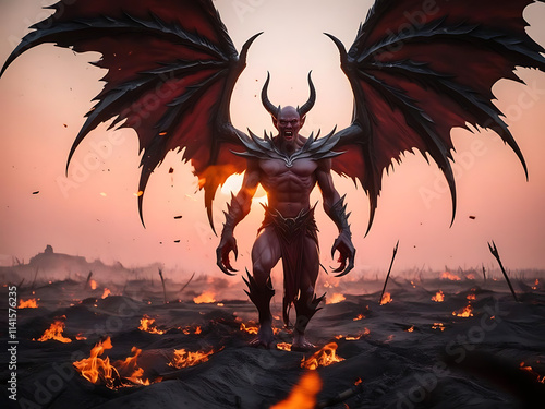 Epic demon imagery of a fiery battle hellscape digital art dystopian setting dramatic perspective photo