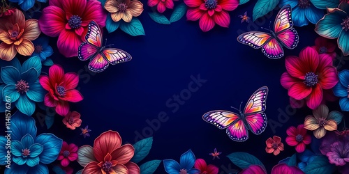 Wallpaper Mural Vibrant Floral Frame with Delicate Butterflies, a Dark Background for Elegant Designs Torontodigital.ca