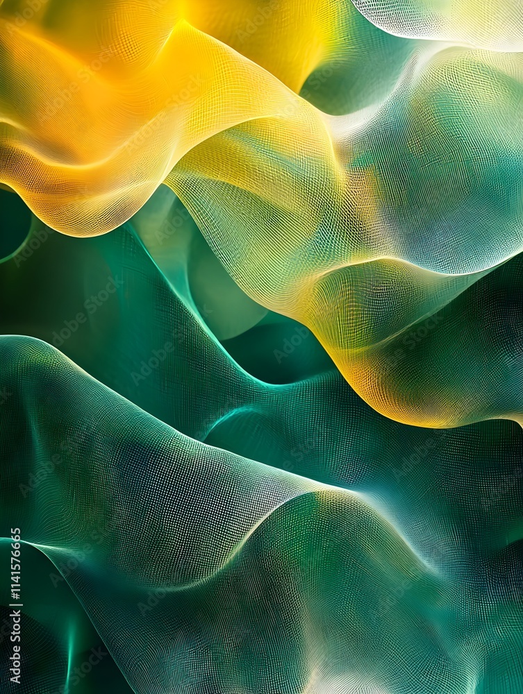 Obraz premium A smooth digital mesh of overlapping semi-transparent layers in green and yellow tones