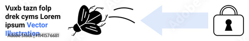 Bug illustration flying toward a padlock symbol with an arrow denoting movement. Ideal for cybersecurity warnings, vulnerability alerts, IT security, data protection, malware, hacking prevention