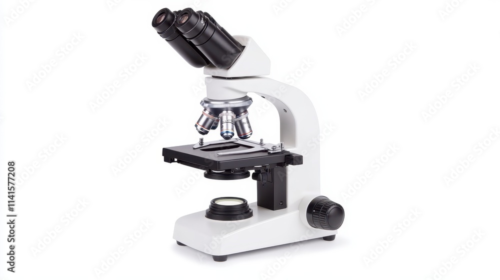 A modern microscope with dual eyepieces, designed for scientific observation and research in laboratories. A modern microscope with dual eyepieces, designed for scientific observation and research in laboratories.