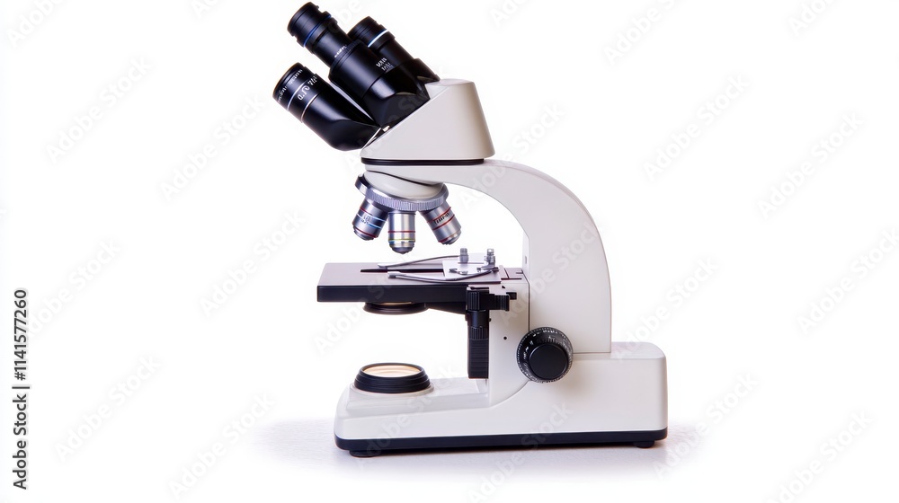 A laboratory microscope with multiple lenses, designed for examining small specimens and enhancing scientific research. A laboratory microscope with multiple lenses, designed for examining small specimens and enhancing scientific research.