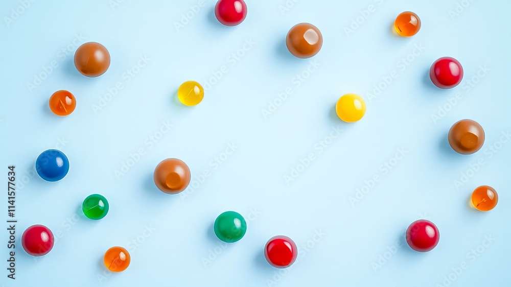 Colorful Spheres Arranged on a Light Blue Background, an Abstract Composition Featuring a Variety of Shapes and Hues Colorful Spheres Arranged on a Light Blue Background, an Abstract Composition Featuring a Variety of Shapes and Hues