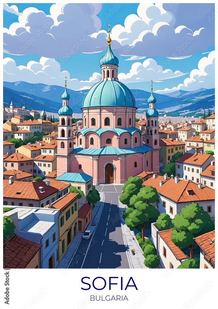 Obraz premium Sofia Bulgaria Eco Friendly Travel Poster Illustration Wall Art Decor Gift Canvas Print Retro Design