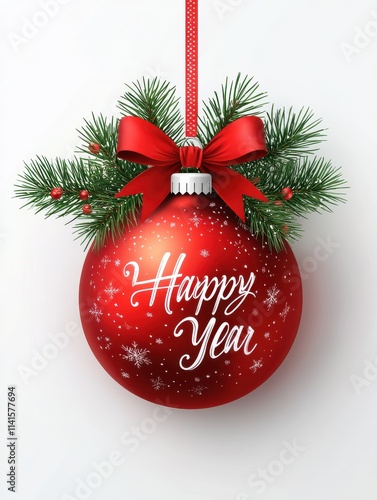 Merry Christmas and Happy New Year, big red Christmas ball with lettering, christmas tree branhes and red bow isolated on white background photo