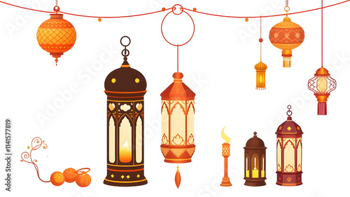 Ramadan Icons: A vibrant and colorful set of icons celebrating Ramadan, including lanterns, crescent moons, prayer beads, and other traditional symbols. Perfect for creating festive designs.