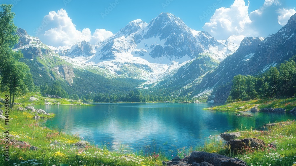Fototapeta premium Serene alpine lake, snow-capped mountains, wildflowers.