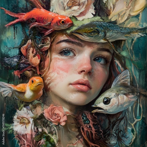 Enigmatic Woman with Fish and Flowers: A Surreal Portrait photo