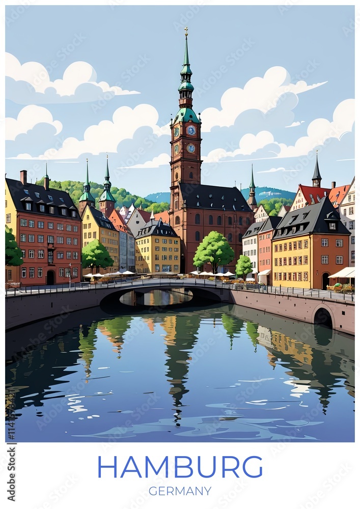 Fototapeta premium Hamburg Germany Travel Poster Eco Friendly Wall Art Decor Retro Print