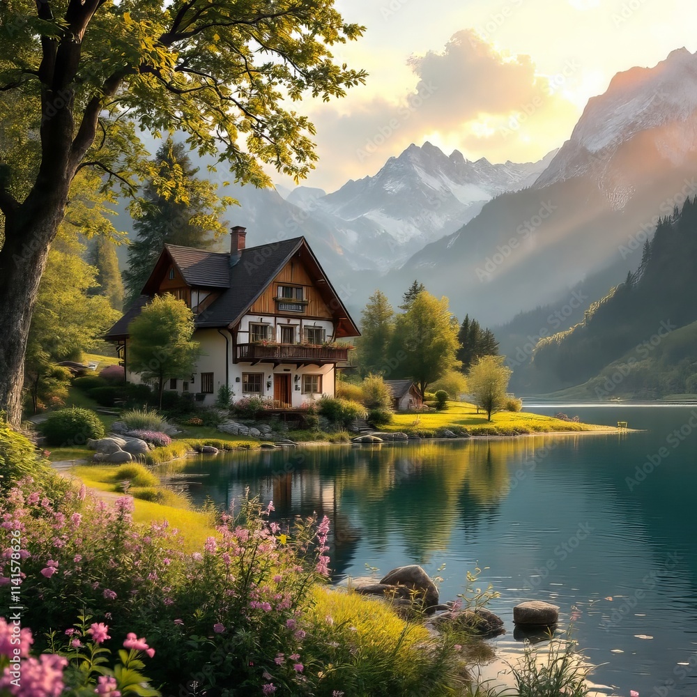 Fototapeta premium Rustic mountain charm, cozy cottage.