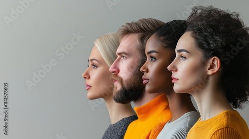 Faces of people of different ages and races, aligned side by side, minimalistic and expressive. People's faces in profile. Copy space, free space for text photo