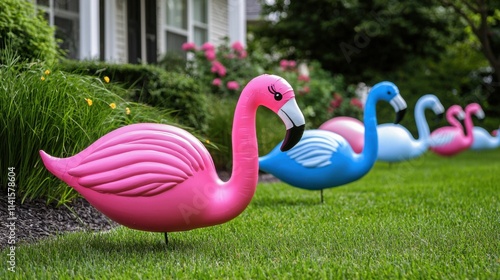 Vibrant flamingo yard decorations in a colorful spring garden photo