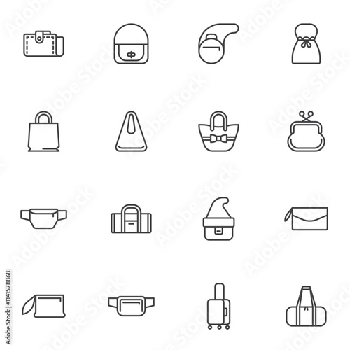 Types of bags line icons set