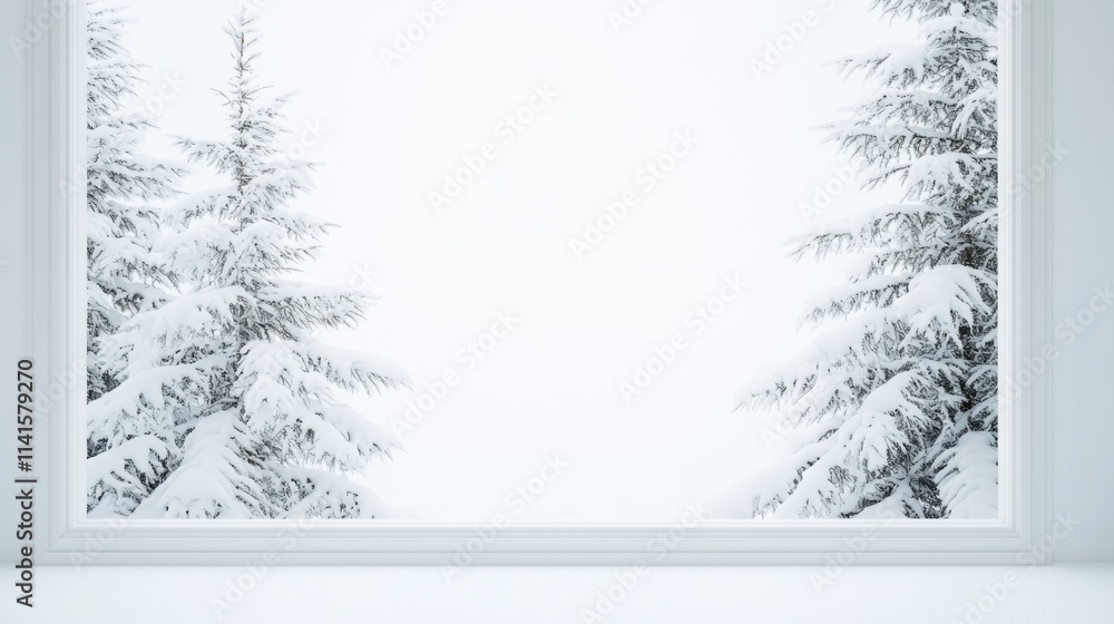 Fototapeta premium Winter serenity: snow-covered trees viewed through a window