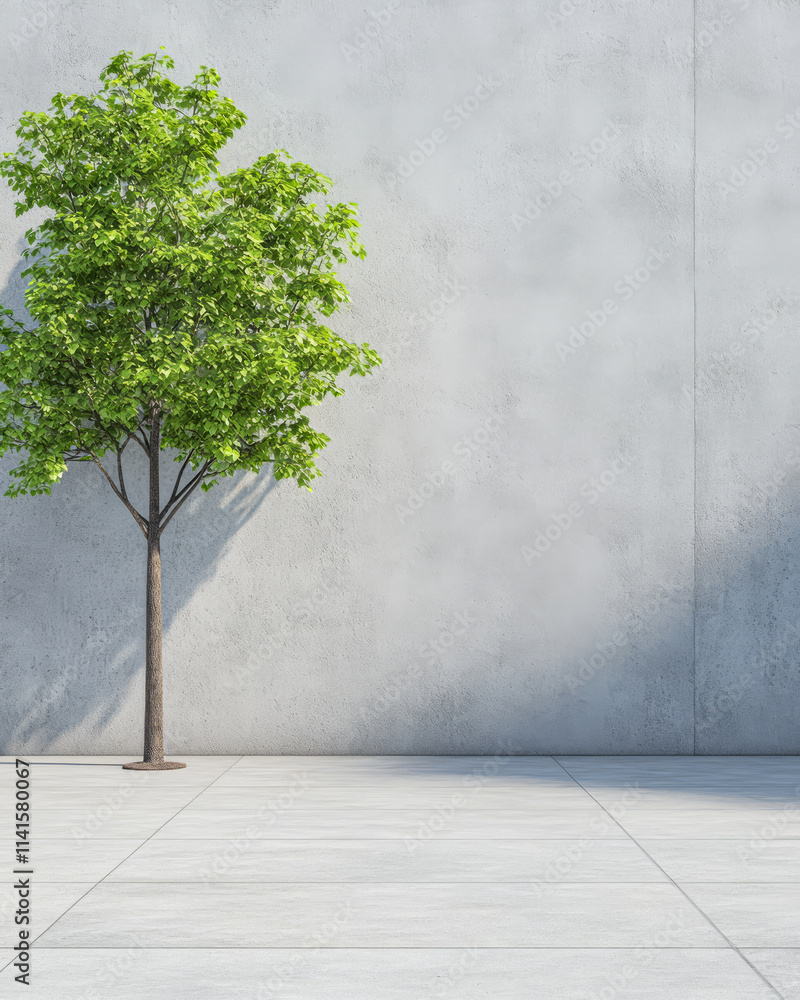 Obraz premium Green tree stands alone against a concrete wall in an outdoor urban setting