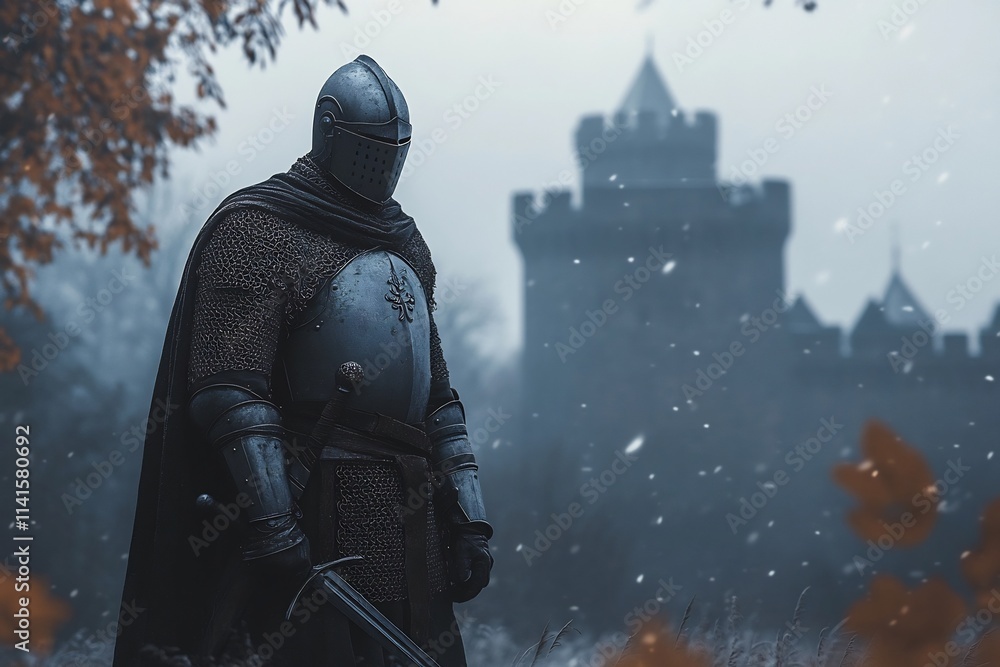 Fototapeta premium Armored Knight Standing Guard Before Imposing Medieval Castle on a Snowy Winter Day