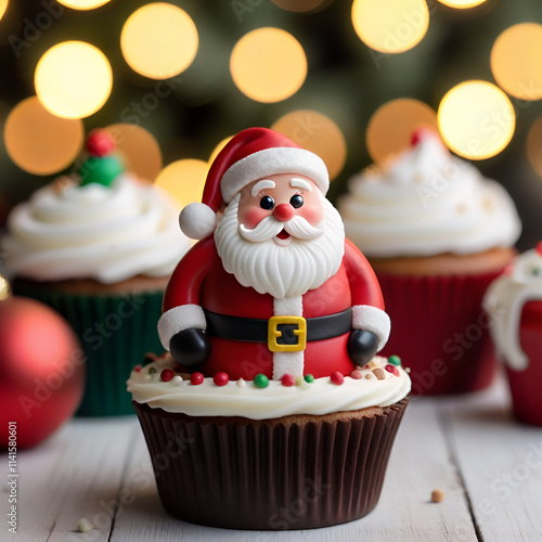 Holiday Cupcake Featuring Cute Santa Figurine Generative AI