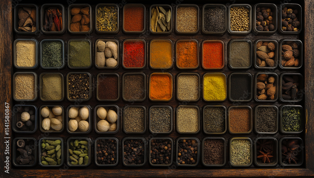A large wooden box filled with various colorful spices and aromatic herbs arranged beautifully in three-four rows. A large wooden box filled with various colorful spices and aromatic herbs arranged beautifully in three-four rows.