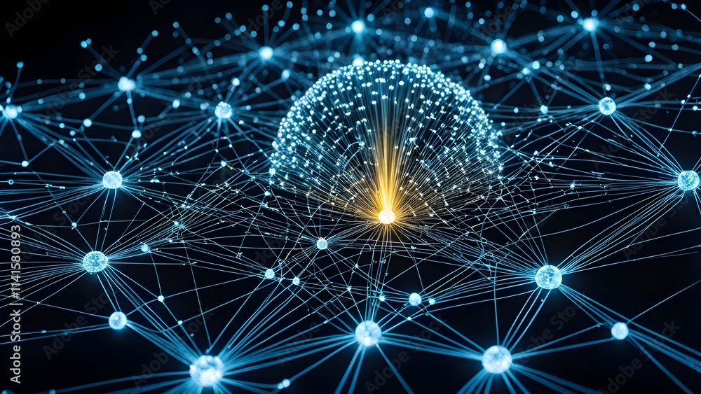 Obraz premium Using lines, nodes, and glowing particles to express information processing and visualize the interaction between quantum computing and AI.