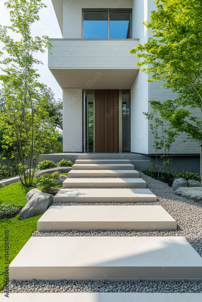 Modern house entrance with a clean walkway and lush greenery in daylight Modern house entrance with a clean walkway and lush greenery in daylight