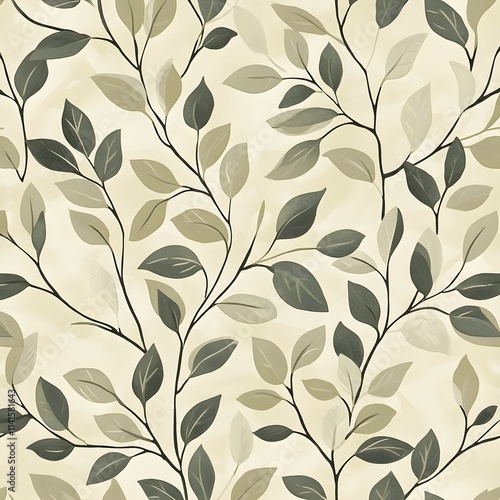 A repeating organic pattern of abstract leaves and vines in muted beige and olive tones, ideal for nature-inspired themes.  photo