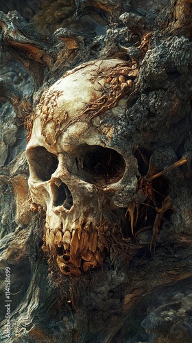 Skull in Tree: Dark Fantasy Nature Art photo