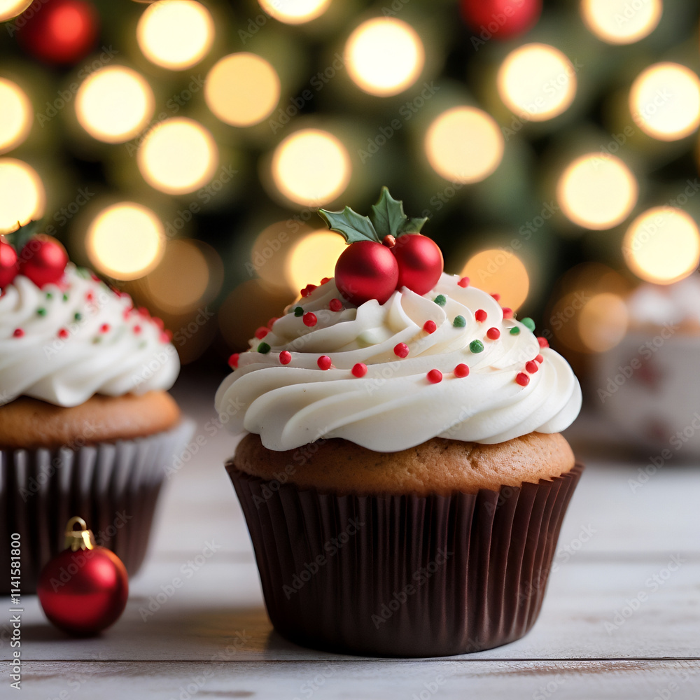Elegant Christmas Cupcake with Holly Garnish Generative AI Elegant Christmas Cupcake with Holly Garnish Generative AI