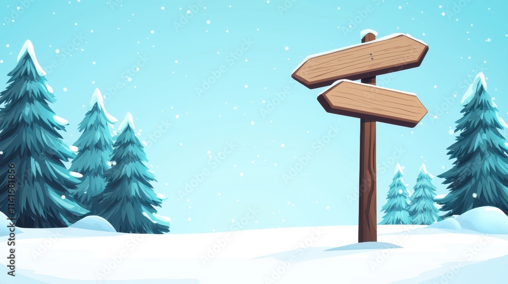 Fototapeta premium Snowy Winter Forest Path with Wooden Signpost