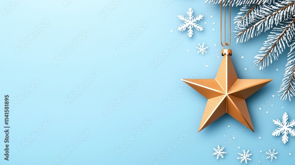 Fototapeta premium Gold Star Ornament Frosted Pine Snowflakes on Blue Christmas Background