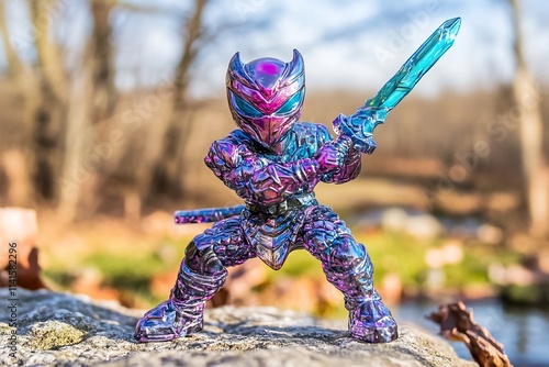 Powerful Futuristic Robotic Warrior Standing in Heroic Pose with Vibrant Colorful Armored Suit and Weapon photo