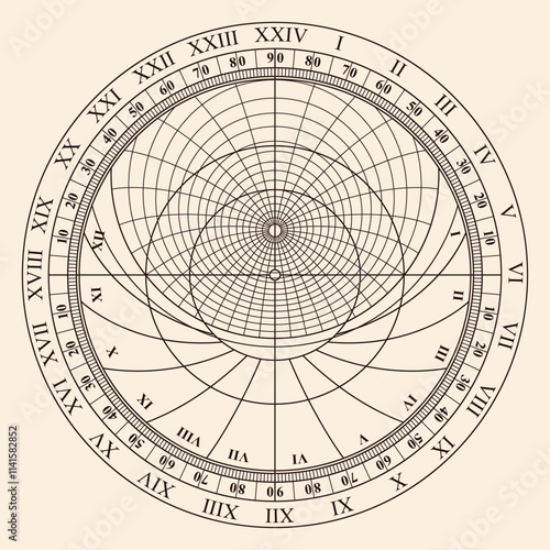 Diagram of an ancient astronomical instrument astrolabe for measuring horizontal angles and determining latitudes and longitudes of celestial bodies. Object isolated on beige background